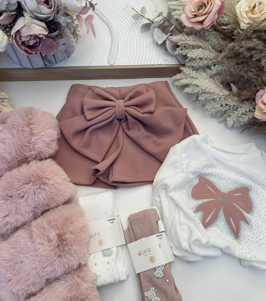 Sparkle Bow Top Beige/Pink