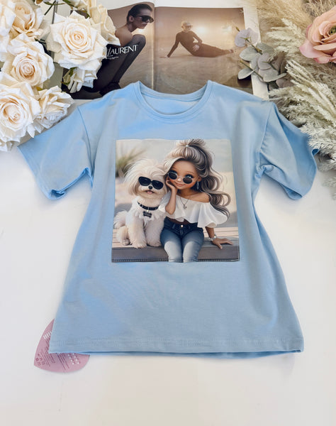Cool Girl & Pup Blue Tee - mylittlev