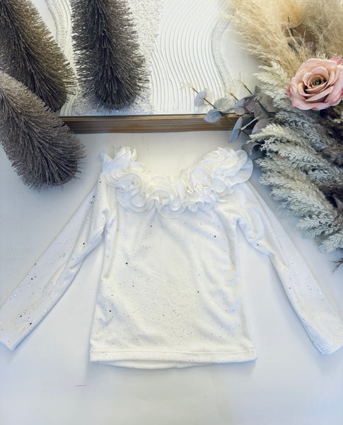 White Frill Velour Sparkly Top