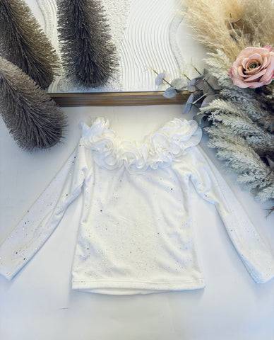 White Frill Velour Sparkly Top