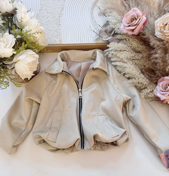 Chic Beige Faux-Suede Bomber Jacket - mylittlev