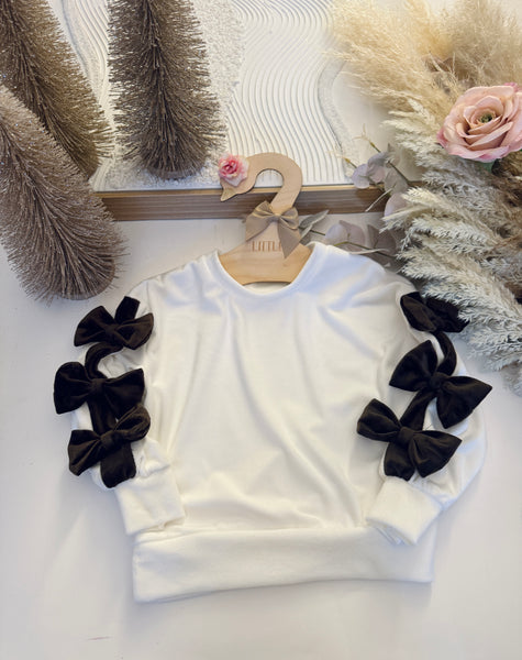 Velour Bow Jumper Choc or Beige