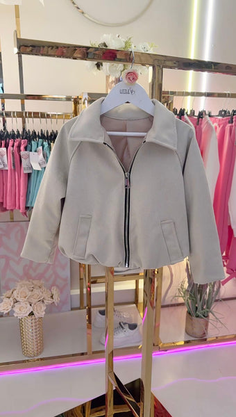 Chic Beige Faux-Suede Bomber Jacket - mylittlev