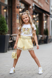 Girls Sparkle Puppy Tee & Lace Trim Belted Shorts Set - mylittlev