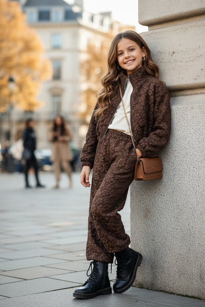 Chocolate Floral Textured Tracksuit Set