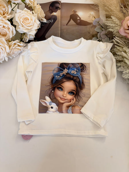 Blue Bow Bunny Girl Ruffle Sleeve Top - mylittlev