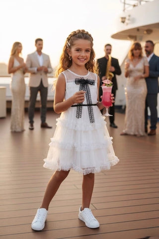 Elegant White Tulle Girls Party Dress - mylittlev