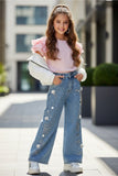 Crystal & Pearl Embellished Wide-Leg Denim Jeans - mylittlev
