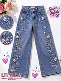 Crystal & Pearl Embellished Wide-Leg Denim Jeans
