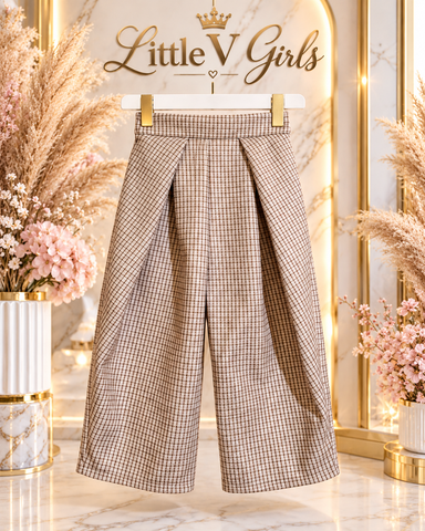 Beige Check Pleated Trousers