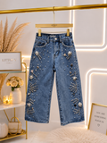 Crystal & Pearl Embellished Wide-Leg Denim Jeans