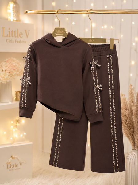 Girls’ Beige & Chocolate Tracksuit with Leopard Detail & Bows - mylittlev