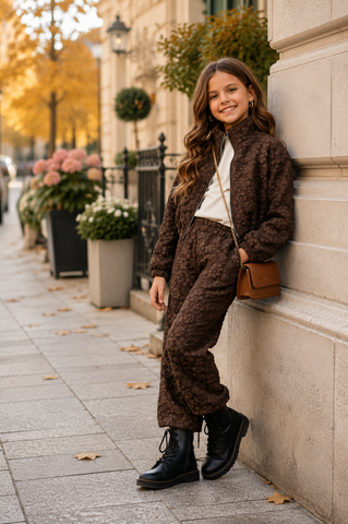 Chocolate Floral Textured Tracksuit Set