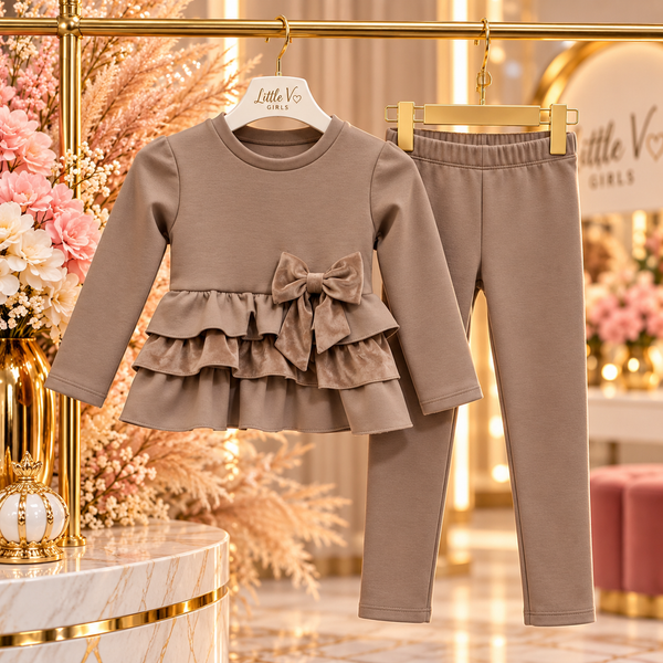Dark Beige Bow Ruffle Set - mylittlev